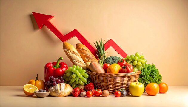 Fresh produce with rising red arrow on beige.