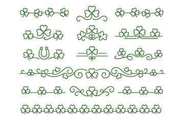 Decorative green shamrock borders and dividers featuring clover leaves and horseshoe elements