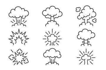 Set of outline icons showing explosion effects, nuclear blasts, and smoke clouds