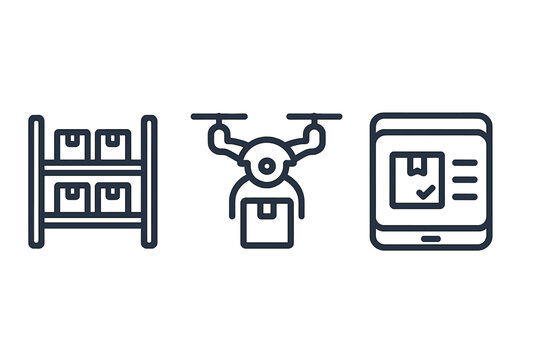 Logistics and delivery icons featuring warehouse storage, drone shipping, and mobile tracking interface