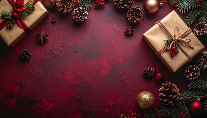 深いバーガンディの背景に、ビンテージ風ギフト、松ぼっくり、クラシックオーナメントが並ぶ、温かみのあるノスタルジックなホリデーイメージです。
落ち着いた赤色と自然素材が、レトロで優しい季節感を演出します。
冬イベント、クリスマス販促、SNS、カードデザインなどに幅広く活用できます。