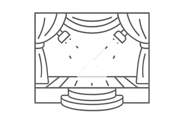 Empty theater stage with draped curtains and bright spotlights illuminating the performance platform