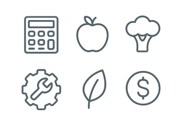 Outline icons featuring calculator,, wrench, dollar, and leaf symbols