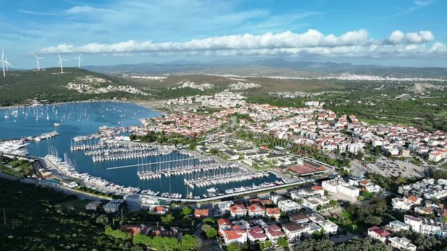 izmir sigacik drone shooting - 4k image of the aegean fishing town sığacık, teos marina and historical castle taken with drone