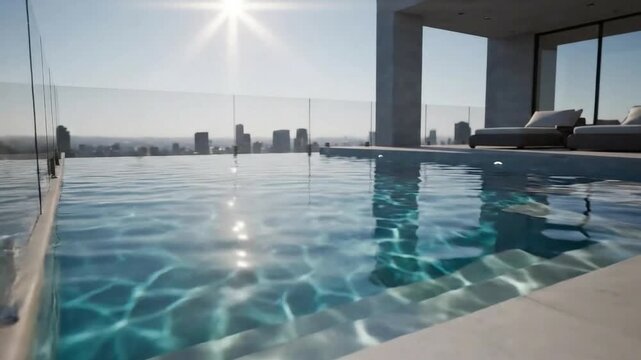 Luxury rooftop pool overlooking city skyline with sun reflecting on the water