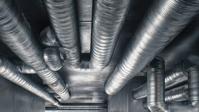 This image features a dense, overhead network of shiny, corrugated metal HVAC ducts and pipes, revealing an industrial or utility ceiling structure.