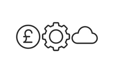 Pound sterling currency symbol, settings gear, and cloud icon for financial technology services