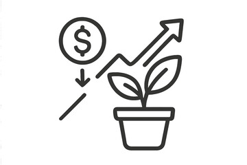 Dollar investment and financial growth represented by a rising graph line and potted plant
