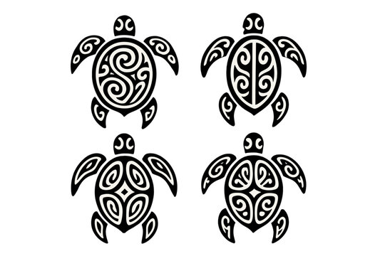 Four stylized sea turtles with intricate tribal patterns on the shells and fins
