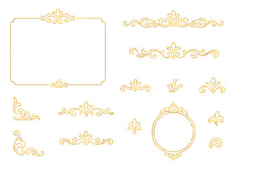 Elegant golden ornamental frames, decorative borders, dividers, and corner flourishes set