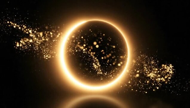 Golden glowing circle with sparkling particles on a black background.