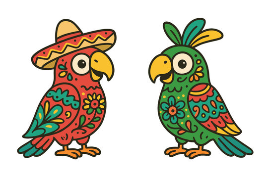 Cartoon parrots decorated with colorful traditional Mexican folk art patterns and sombrero hat