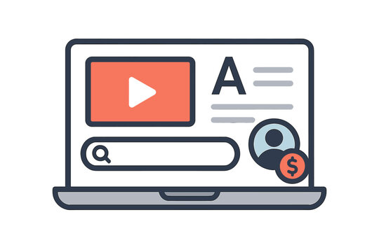 Laptop screen displaying video content, search bar, user profile, and monetization icon