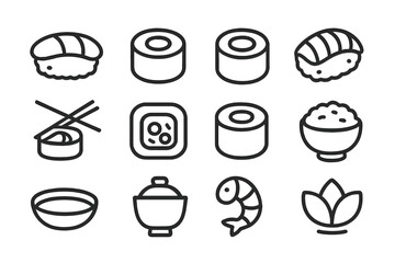 Collection of minimalist outline icons featuring traditional Japanese food items like sushi, rolls, and seafood