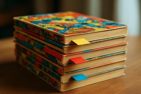 Stack of colorful comic books with bookmarks placed on wooden surface in warm natural light, evoking nostalgia and storytelling concept. Ai generative