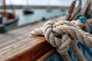Fototapeta premium A close-up of knotted rope on a wooden boat, with blurred sailboats in the background