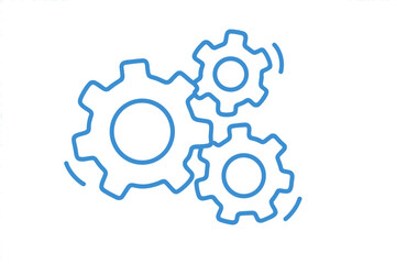 Blue outline icon of three interlocking gears symbolizing settings, mechanism, and workflow process