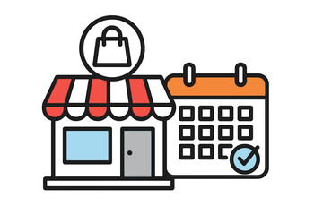 Retail store building with shopping bag symbol and confirmed scheduled date on a calendar icon