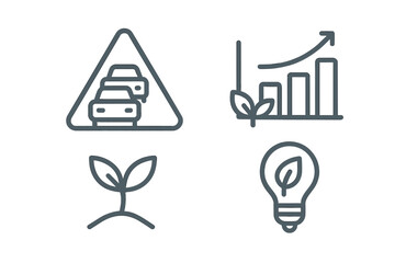 Line icons for environmental sustainability, traffic congestion, green energy, and urban planning
