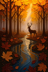 Majestic Autumn Forest With Sun Rays, Stream, and Deer – Layered Paper Art Landscape