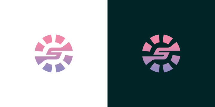 Creative letter S logo concept featuring a dynamic purple and pink gradient. This circular sunburst or gear symbol represents energy and forward motion