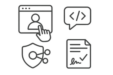 Essential line icons for web development, network security, user profile, and documentation concepts