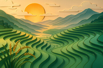 Serene Sunrise Over Layered Green Rice Terraces in Mountain Valley – Paper Art Landscape