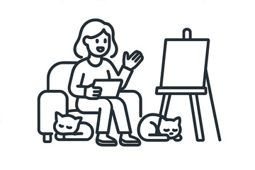 Female artist working on a digital tablet at home surrounded by her sleeping cats and an easel