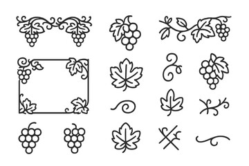 Minimalist black outline grape vine decorative elements set with borders, dividers, leaves, and fruit icons © Andrei