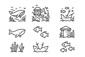 Detailed outline icons representing marine life, sunken shipwrecks, and ancient ruins on the ocean floor