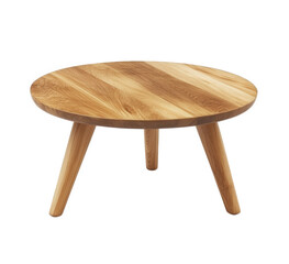 Round wooden coffee table isolated on transparent background, featuring a light wood grain and three tapered legs, creating a minimalist and modern aesthetic