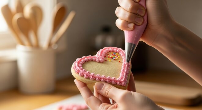 Hands decorating a heartshaped cookie with pink icing and sprinkles