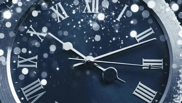 New Years Eve countdown with a clock face and falling snow.