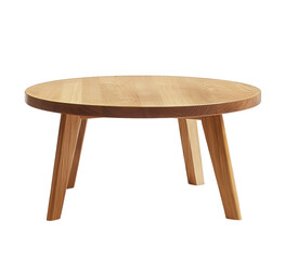 Round wooden coffee table isolated on transparent background, featuring a simple and sturdy design with three legs and a smooth, lighttoned wooden surface