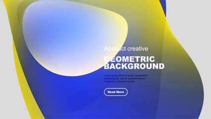 Abstract fluid shapes overlap, creating vibrant blue, yellow gradients. Text promotes geometric background design, includes call to action.