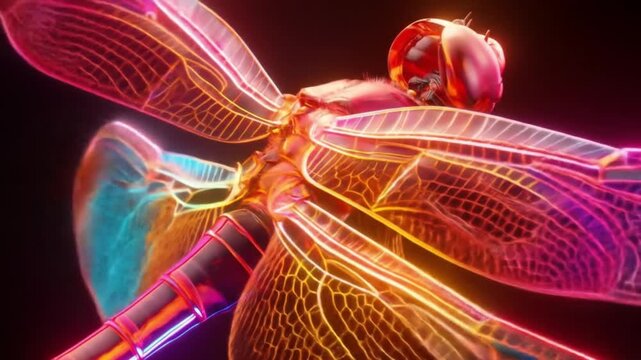 Neon-lit sci-fi dragonfly with translucent iridescent wings and glow, articulated chassis, radiant!!