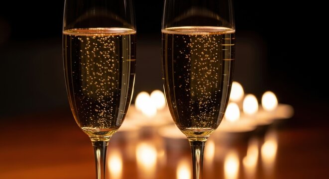 Two champagne flutes with sparkling wine and warm candlelight in background