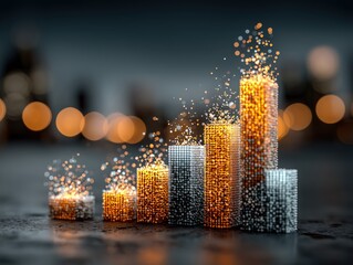 Futuristic Holographic Data Visualization with Glowing Blue-Orange Bar Charts and Particle Trails on Tech Grid Interface, Blurred City Nightscape with Bokeh Lights, Ultra HD 8K Render