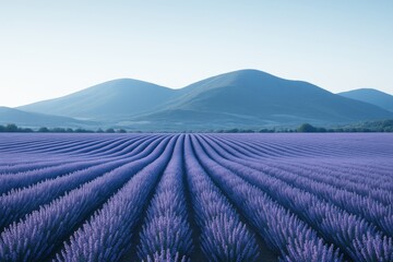 Fototapeta premium Lavender flower field landscape with rows of purple blooms under soft morning light and distant mountains in tranquil background. Ai generative. Ai generative