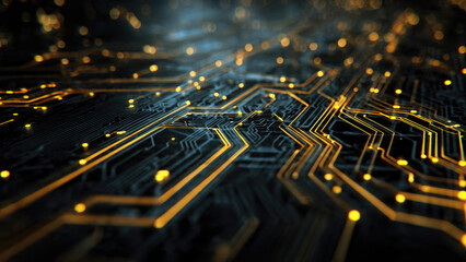 A glowing abstract circuit board with intricate golden pathways and illuminated data points, representing advanced technology, digital connectivity, and futuristic networks.