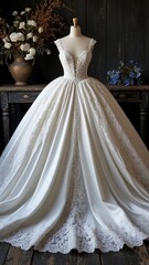 Luxurious white wedding gown with intricate lace detailing and a voluminous skirt displayed on a mannequin in rustic setting