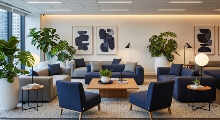Fototapeta premium Modern office lounge with stylish furniture and plants. Interior design in a modern office.