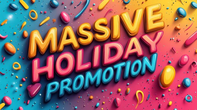 3D text "Massive Holiday Promotion" on colorful background.