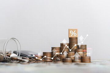 Stack of silver coins with up arrow. Finance concept increase interest rate or dividend investment mortgage. Stock market chart for bank. Business growth, profit, long term investment.