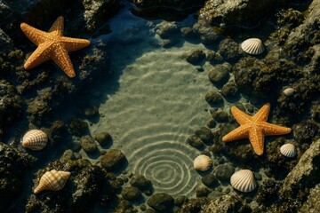 Orange starfish and seashells in shallow tidepool with rippling water and sunlight reflection on sandy background surrounded by coastal rocks. Ai generative