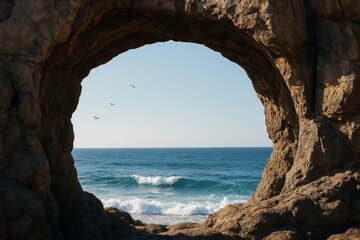 Natural rock arch framing ocean waves with birds flying in blue sky, showcasing dramatic coastal landscape and serene seascape background light concept. Ai generative