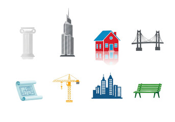 Obraz premium Modern urban landscape featuring iconic buildings, construction elements, and a traditional house