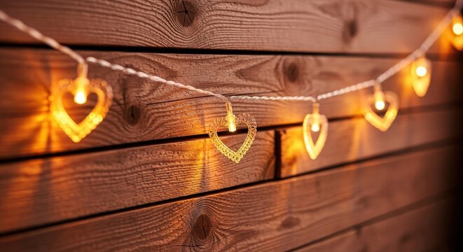 Warm heartshaped string lights glowing against a rustic wooden wall - Powered by Adobe