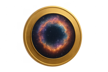 Gold porthole frame observing colorful nebula in space