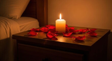 A lit candle and red rose petals on a nightstand create a romantic mood